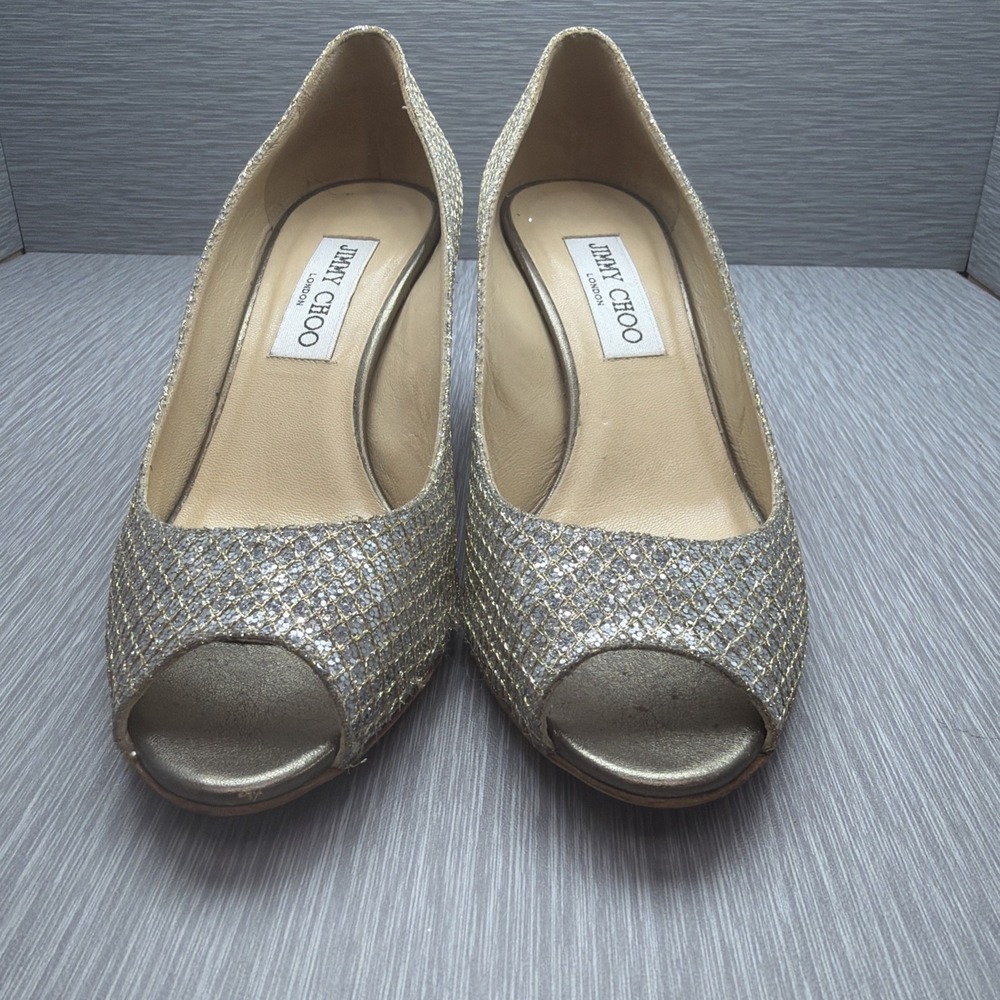 Jimmy Choo Women's 6.5 Metallic Champagne Glitter Peep Toe Bridal Heels Pumps